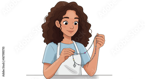 Smiling Woman Holding Colorful Beaded Necklace with Religious Pendant.