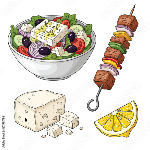 A colorful handdrawn illustration set of traditional Greek food including salad souvlaki feta cheese and lemon.