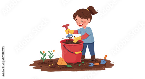 Cheerful young girl with brown ponytail gardening with a red bucket and tools