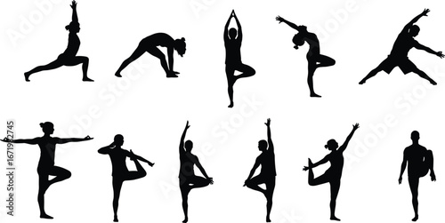 Yoga poses silhouettes, standing balances, forward bends, extended arm positions, flexibility, balance, strength, wellness art, meditation illustration, fitness vector design