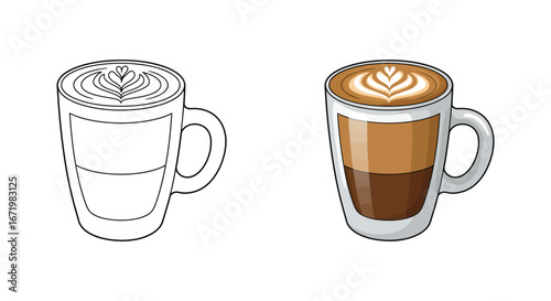 Two coffee cups with latte art one colored and one outlined