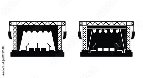 concert stage setup with lights and microphones in two different views