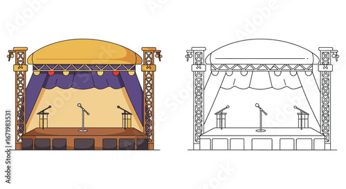 Stage setup with colorful curtains and microphones on a wooden platform
