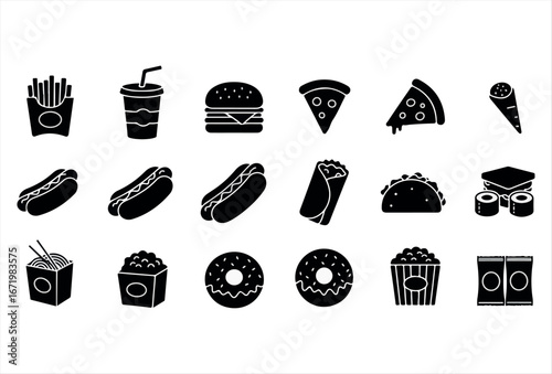 A modern fast food icon set featuring solid black silhouettes of popular snacks and meals. Includes burger, pizza, hot dog, taco, soda, fries, donut, popcorn, noodles, sushi, and sauce packets. Perfec