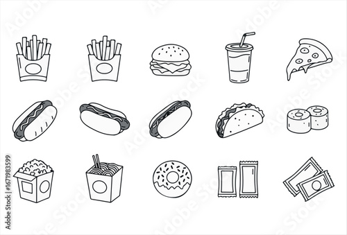 A modern fast food icon set featuring solid black silhouettes of popular snacks and meals. Includes burger, pizza, hot dog, taco, soda, fries, donut, popcorn, noodles, sushi, and sauce packets. Perfec