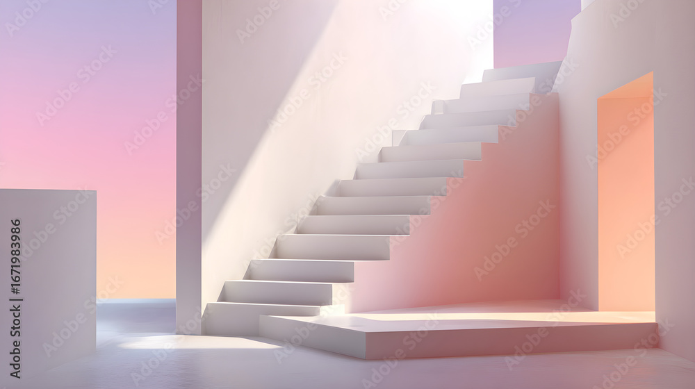 Fototapeta premium White minimalist steps platform against pastel gradient wall, architectural backdrop with soft shadows --ar 16:9