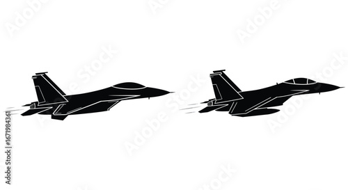 Two black fighter jets flying side by side in formation