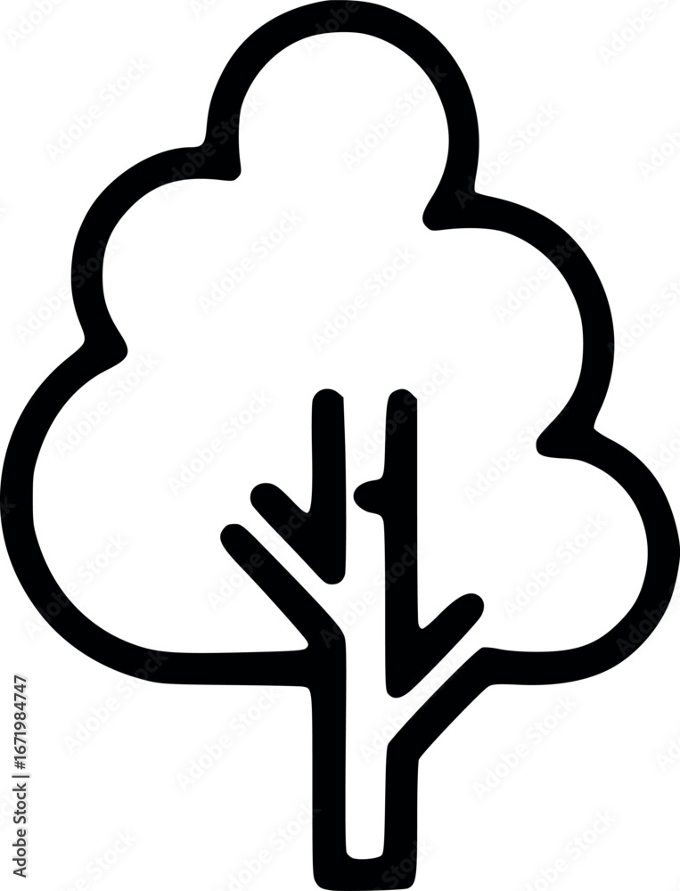 Obraz premium A simple, black and white line drawing of a tree with a rounded crown and short trunk.
