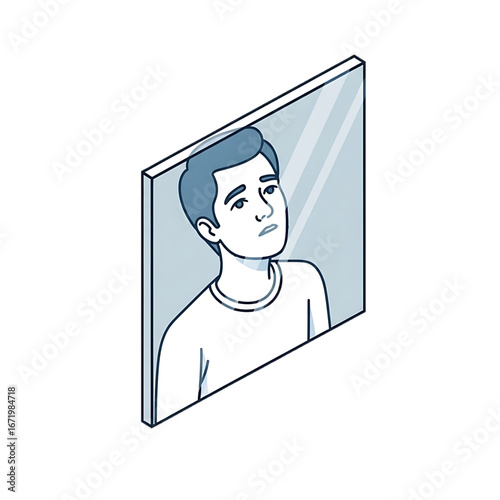 Man looking at himself in the mirror, symbol of reflection and self-identity.