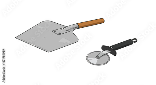 Isometric Pizza Peel with Wooden Handle and Pizza Cutter with Black Grip, Kitchen Tools