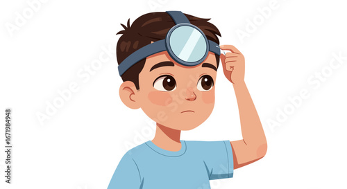 Young Boy Adjusting Headlamp with Mirror for Examination