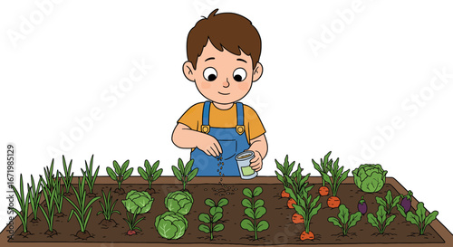 Cartoon boy in blue overalls sowing seeds in a vegetable garden patch with carrots and cabbages.