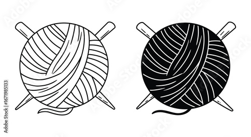 A ball of yarn with knitting needles in black and white
