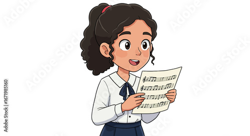 Young girl with curly dark hair reading musical notes sheet music
