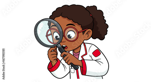 Curious young Black girl scientist in a lab coat and red glasses looking through a magnifying glass.