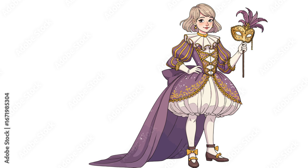 Fototapeta premium Elegant Woman in Renaissance-Style Costume Holding a Mask