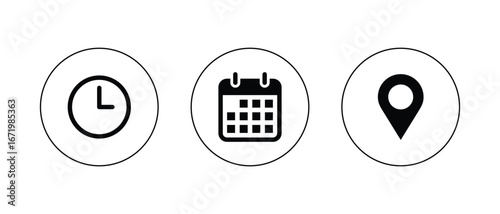 Time, date, and location icon set. Clock, calendar, and location marker icons.