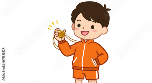 Cartoon Boy in Orange Sports Outfit Holding Whistle