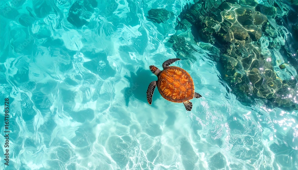 Naklejka premium sea turtle swimming in clear turquoise tropical ocean