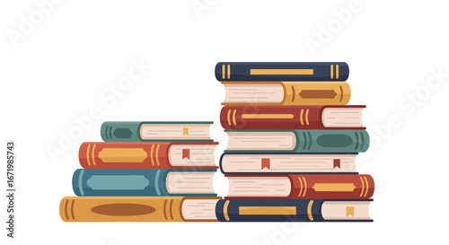 Vibrant stacked stylized books with colorful covers and visible bookmarks, a diverse collection