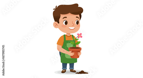 Smiling cartoon boy in a green apron holding a terracotta pot with a pink blooming flower.