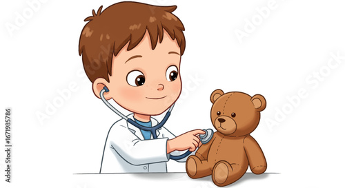 Young cartoon boy in a doctor's coat using a stethoscope to examine his brown teddy bear.