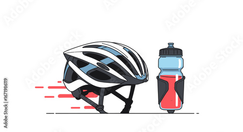 Stylized illustration of a vented bicycle helmet and a sports water bottle with red liquid.