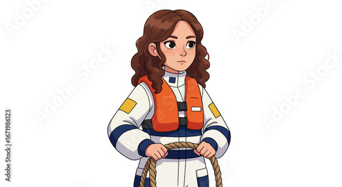 Cartoon Woman in Life Vest Holding Rope, Brown Hair, Looking Left