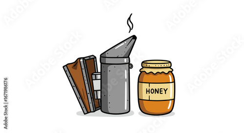 Illustrated beekeeping set with a smoking metal bee smoker, bellows, and a glass jar of honey.
