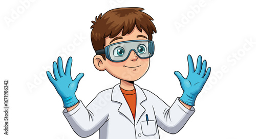 Cartoon Scientist Boy Wearing Goggles and Blue Gloves, Smiling.