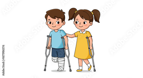 Kind cartoon girl with a crutch helping a boy with a bandaged broken leg walk.