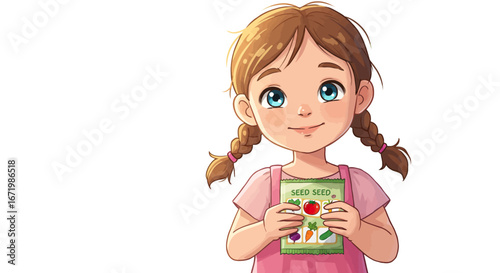 Young Girl with Braids Holding a Packet of Vegetable Seeds
