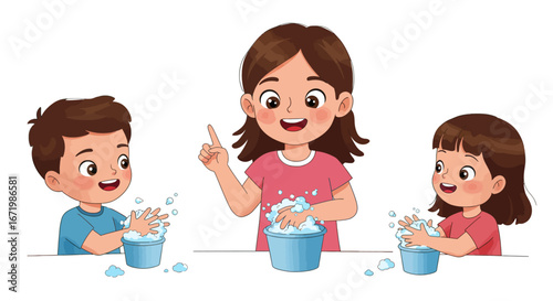 Cartoon illustration of three happy children learning to wash their hands with soap and water in blue buckets.