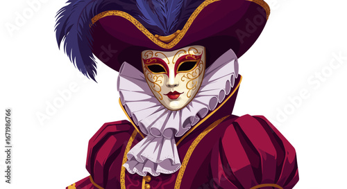 Ornate Venetian carnival mask with feathered hat and ruffled collar, elegant costume