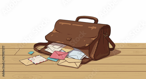 Brown Leather Satchel Overflowing with Colorful Envelopes and Letters, Cartoon Style