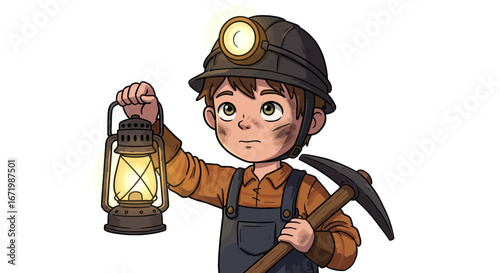 Young Miner with Lantern and Pickaxe, Covered in Soot