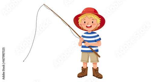 Smiling cartoon boy with blond hair in a red hat and striped shirt holding a fishing rod.