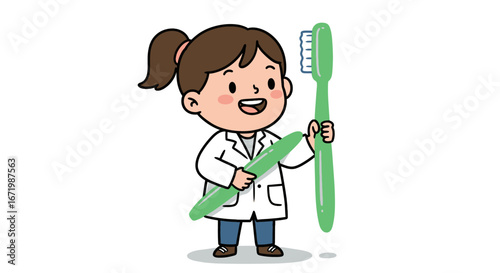 Cartoon Girl Dentist Holding Giant Green Toothbrush