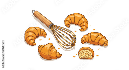Freshly baked golden croissants and a wooden handle whisk, a cartoon-style baking illustration.