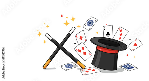 Cartoon magic show set with a black top hat, crossed wands, and floating playing cards surrounded by sparkles.
