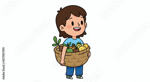 Cartoon Boy Carrying a Wicker Basket Full of Harvested Fruits and Vegetables