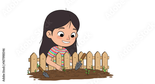 Cheerful young girl planting seedlings in a garden bed with a wooden fence