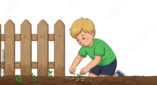 Smiling blond boy in green shirt kneeling, carefully planting seeds in rich brown soil beside a rustic wooden fence.