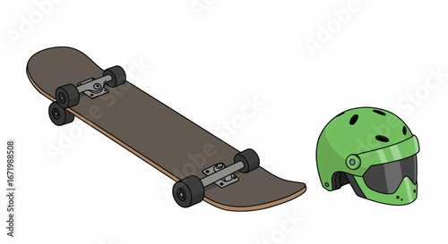 Skateboard and Green Helmet Illustration with Black Wheels and Visor