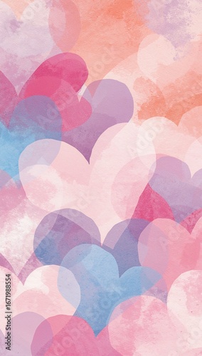 Pastel abstract hearts overlapping softly in layered watercolor gradients