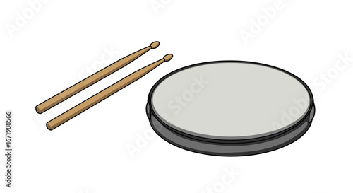 Cartoon snare drum with wooden drumsticks, music instrument illustration.