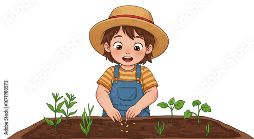 Cheerful Child Gardener Planting Seeds in a Garden Bed