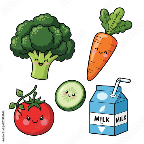 A cute collection of smiling cartoon food characters including broccoli carrot tomato cucumber and milk.