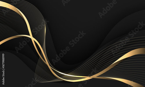 Abstract wave gold ribbon curve on black design modern luxury background vector