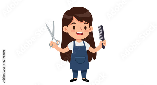 Cartoon Stylist Holding Scissors and Comb Ready for Hair Styling